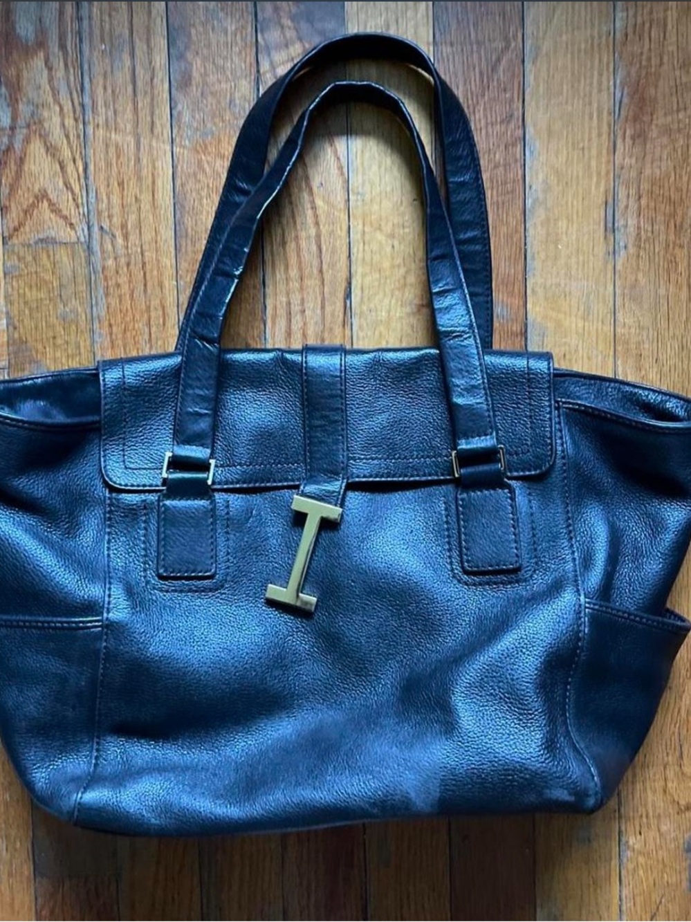 Isaac Mizrahi Black Leather Tote with Gold 'I' Accent